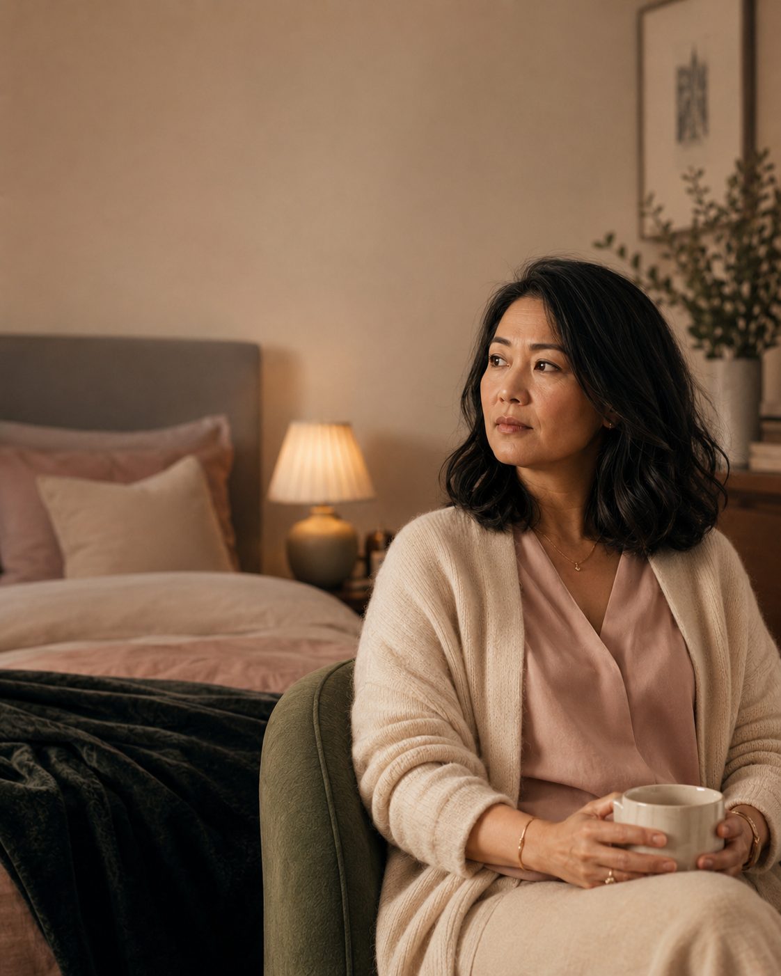 Woman with a dark bob in a cream cardigan over a blush top, sitting in a green armchair in a softly lit bedroom, holding a mug and gazing away thoughtfully.