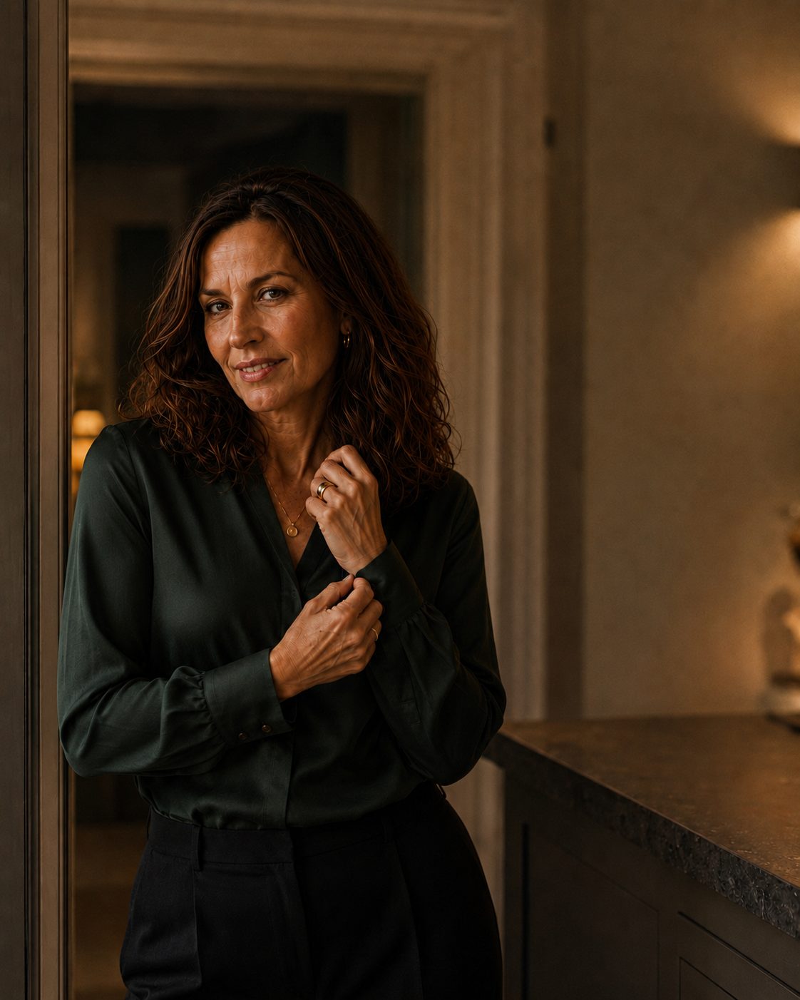 Woman in a dark green silk blouse pausing in a doorway, adjusting her cuff, in low warm light.