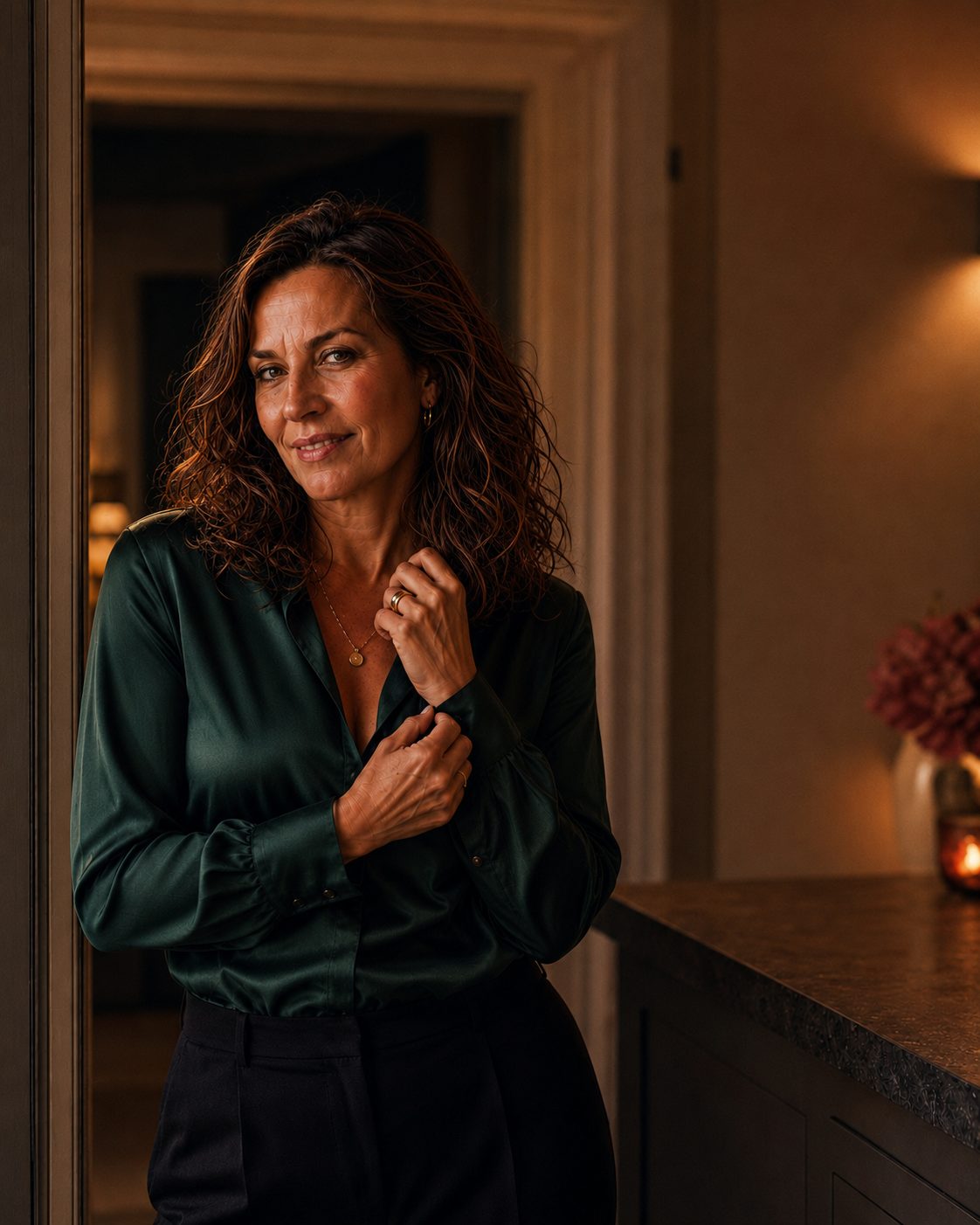 Woman in a dark green silk blouse standing in a doorway, adjusting her cuff, with a slight smile in warm golden light.