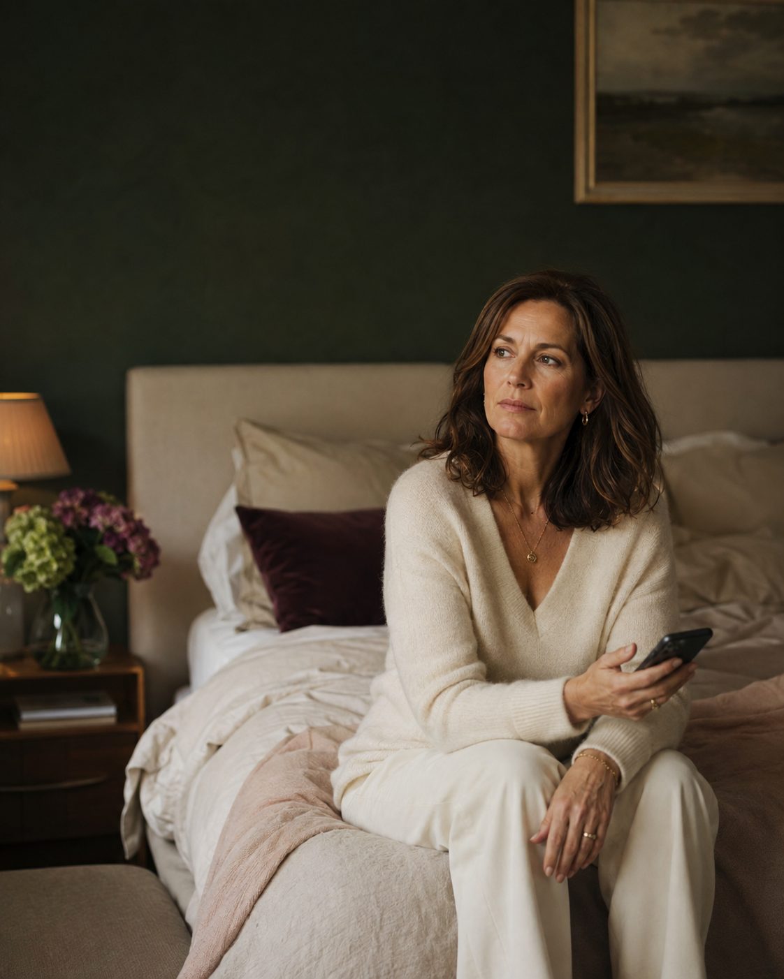 Woman in a cream jumper sitting on the edge of a bed, holding her phone and looking away thoughtfully.