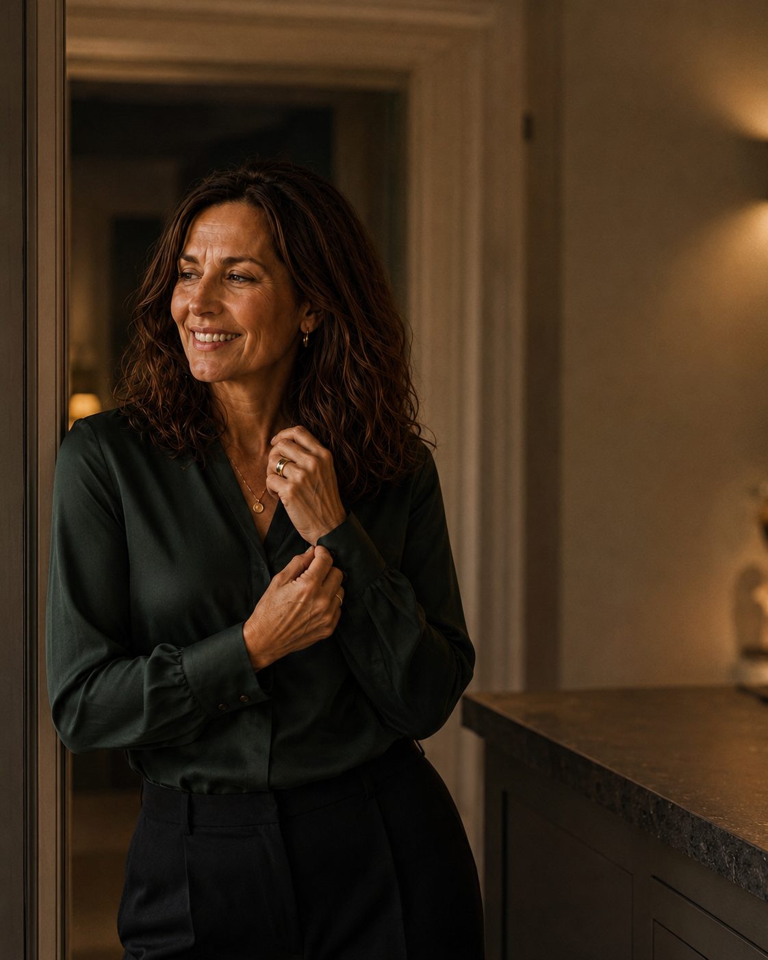 Woman in a dark green silk blouse smiling warmly, standing in a bright doorway.