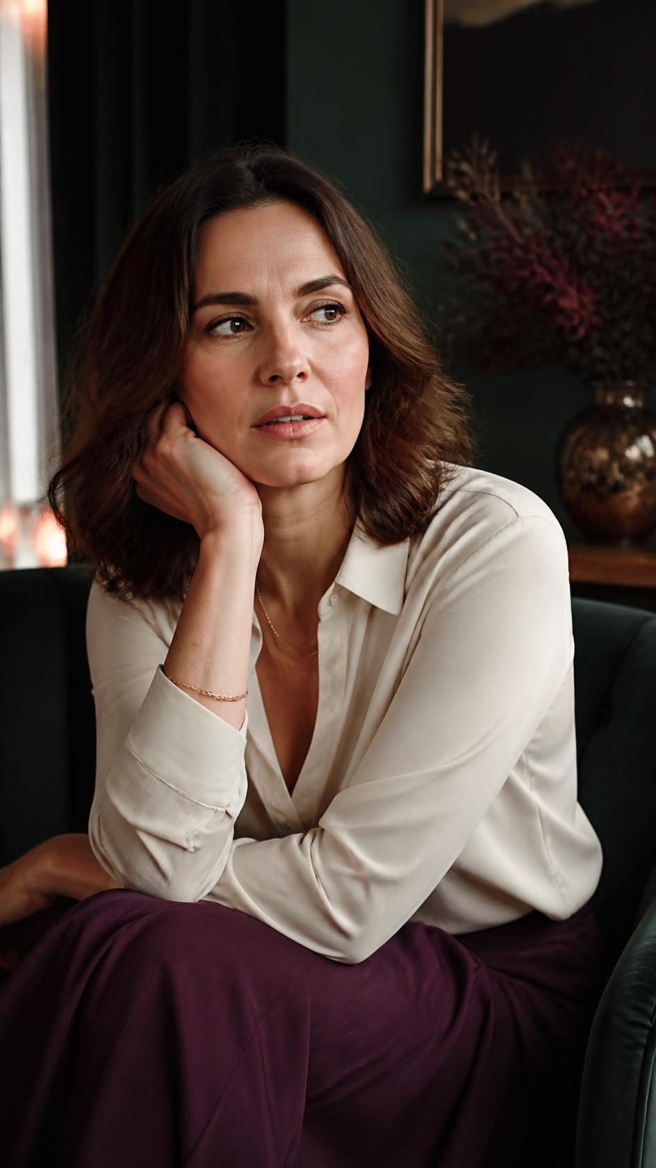 Woman in a cream blouse and plum skirt resting her chin on her hand in a dark green armchair, looking thoughtfully to the side.