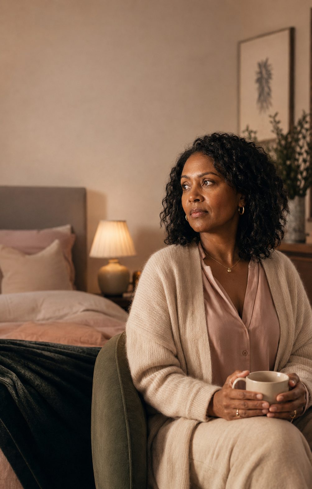 Woman with curly hair in a cream cardigan over a blush blouse, sitting in a green armchair in a softly lit bedroom, holding a mug and gazing thoughtfully to the side.