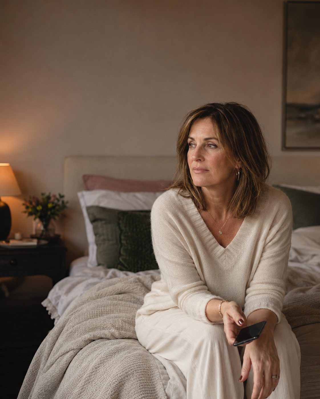 Woman with layered brown hair in a cream V-neck jumper, sitting on the edge of a bed in a softly lit bedroom, holding her phone and gazing away thoughtfully.