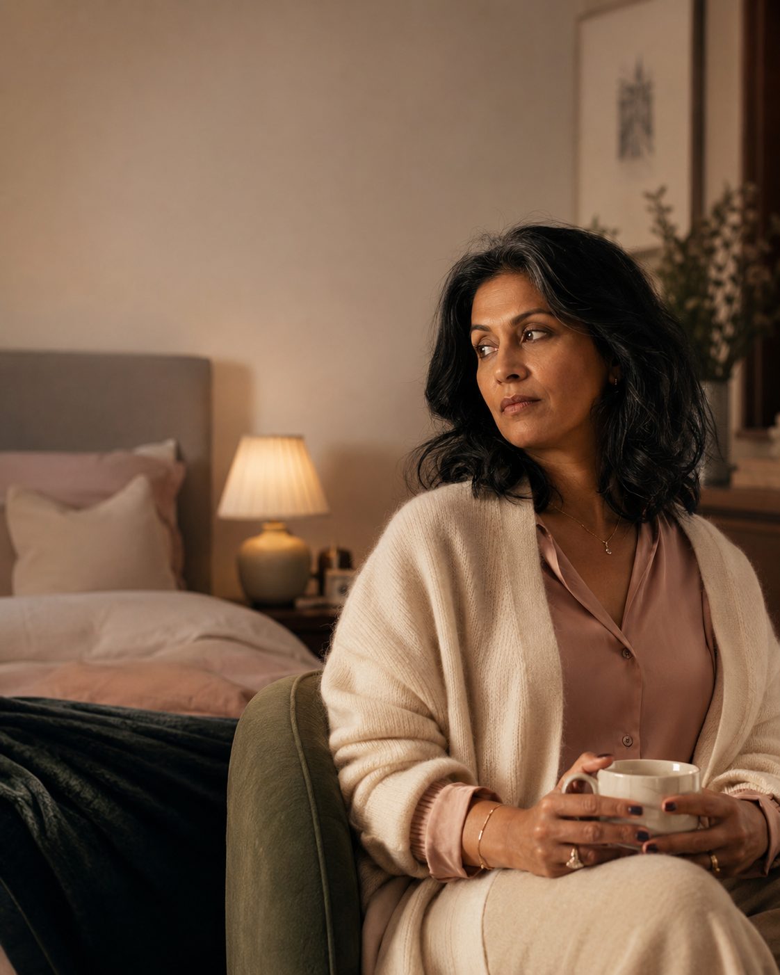 Woman with dark wavy hair in a cream cardigan over a blush blouse, sitting in a green armchair beside a lamp-lit bed, holding a mug and gazing away thoughtfully.
