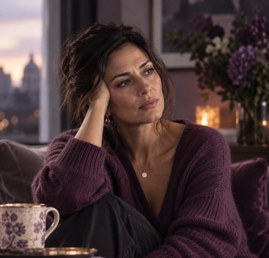 Woman with dark hair in a plum jumper sitting on a sofa at dusk, head resting on her hand, gazing away thoughtfully.