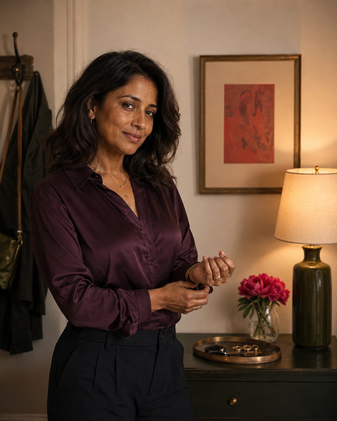Woman with dark wavy hair in a plum satin shirt standing in a warmly lit hallway, fastening her bracelet with a knowing half-smile.