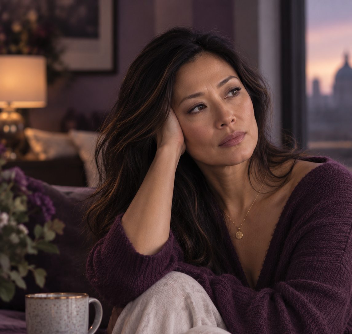 Woman with long dark hair in a plum jumper resting her head on her hand on a sofa, looking thoughtfully towards a city window at dusk.