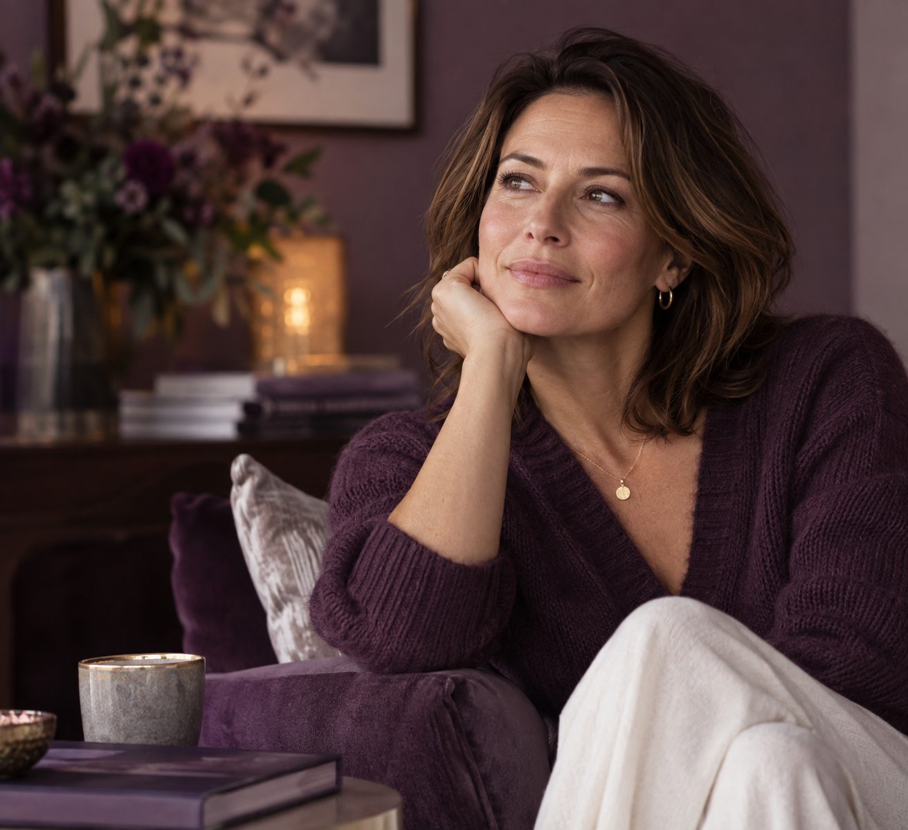 Woman with shoulder-length brown hair in a plum cardigan, chin resting on her hand in a velvet armchair, smiling softly as she looks into the distance.