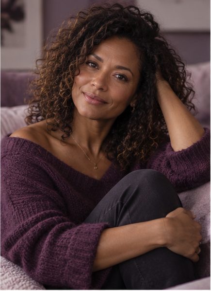 Woman with curly hair in an off-the-shoulder plum knit, sitting with her knees drawn up, smiling softly.