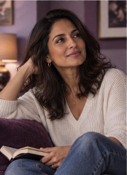 Woman with dark wavy hair in a white knit and jeans, sitting on a sofa with a book, smiling as she tucks her hair back.