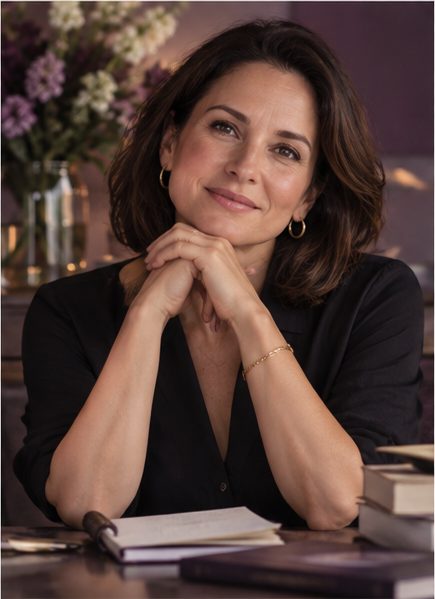 Woman with dark hair in a black blouse sitting at a desk with a notebook, hands clasped under her chin, smiling gently.