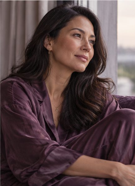 Woman with long dark hair in plum satin pyjamas sitting by a window, gazing out with a calm expression.