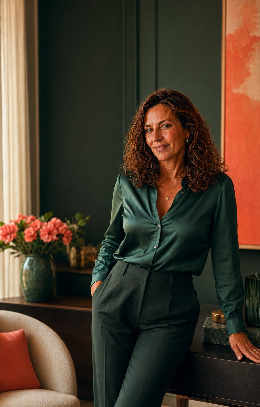 Woman with long auburn curls in a green satin shirt, leaning against a sideboard and smiling with quiet confidence.